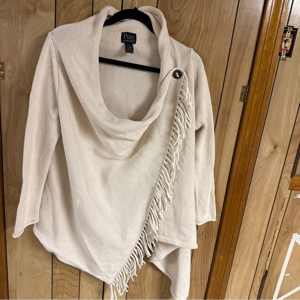 Pure Handknit Draped-Neck Sweater Fringe M/L